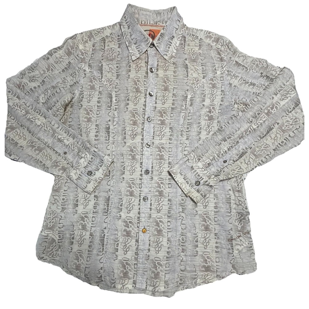 Robert Graham Men's L White Gray Script Print Button Down Shirt L/S Minimalist